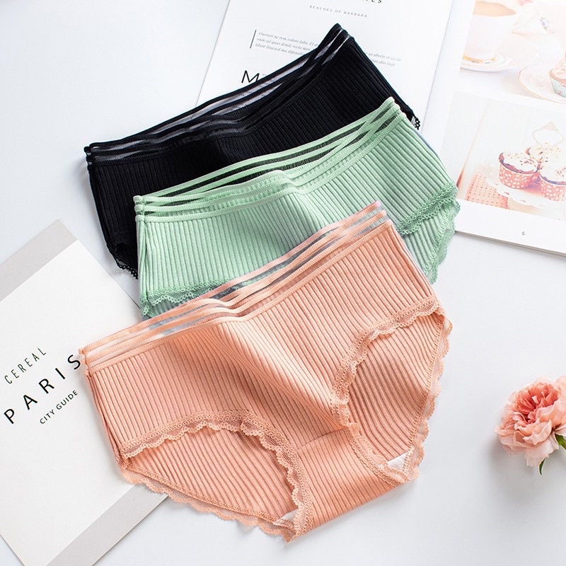 Quần lót nữ cotton viền ren cạp lưới xinh xắn