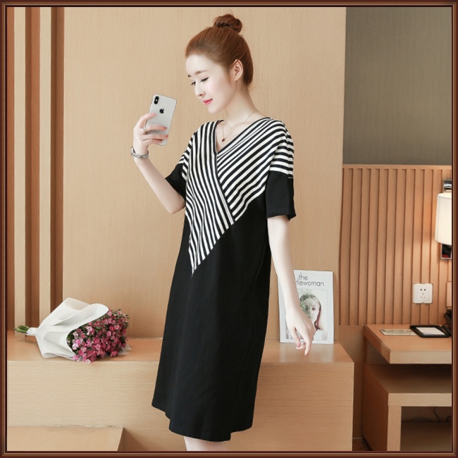 Đầm Midi Tay Ngắn Cổ Chữ V Họa Tiết Kẻ Sọc Thời Trang Cho Nữ