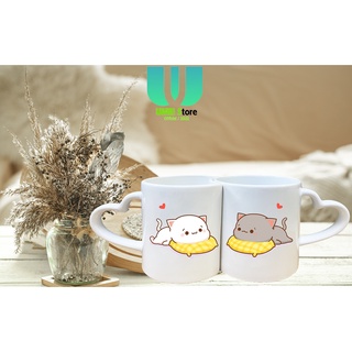 Cốc đôi sứ trái tim in hình cặp đôi mèo dễ thương làm quà sinh nhật quà cưới cho các cặp đôi
