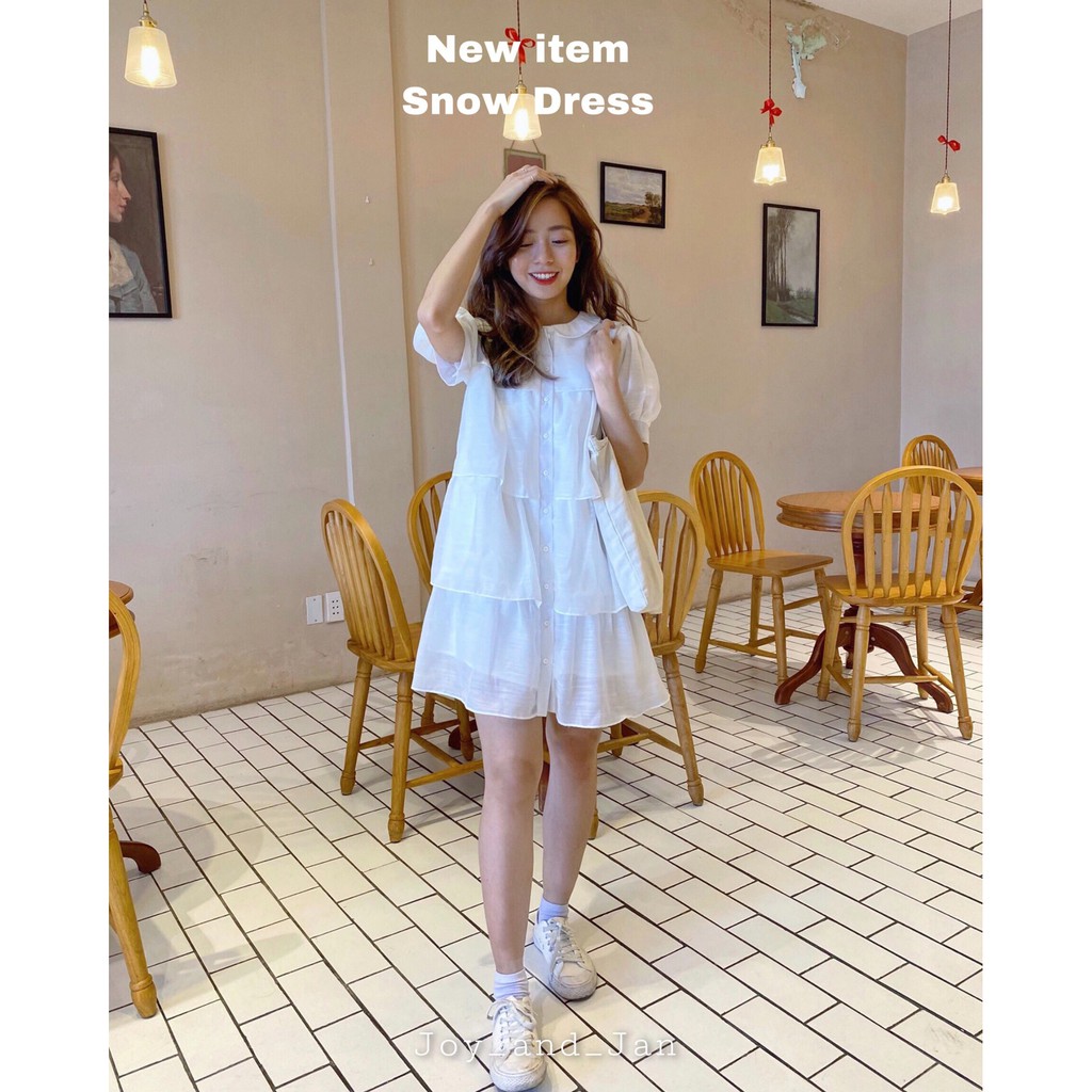 Đầm babydoll trắng , đầm voan tơ tay phồng , phong cách đầm tiểu thư , hàng thiết kế Snow Dress D057 ảnh thật shop chụp