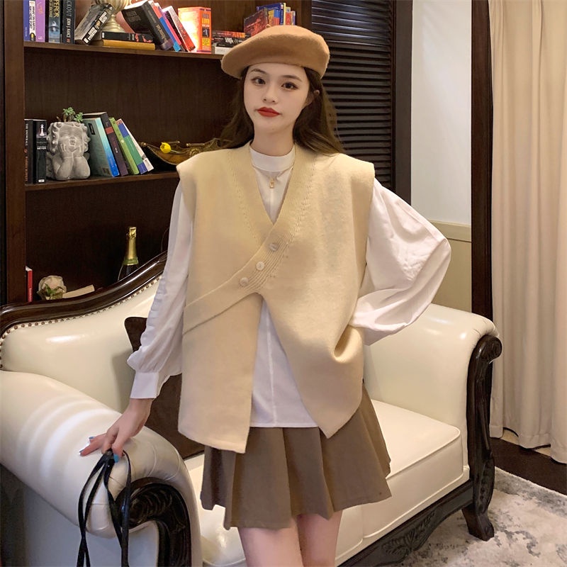 Bộ Áo Sơ Mi + Áo Vest Dệt Kim Cổ Chữ V Phối Nút Chéo Thiết