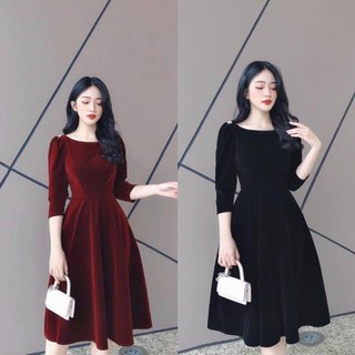Bán sỉ váy nhung xòe 2 màu đen đô cho nữ n
