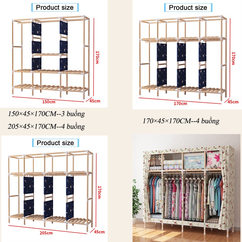 Tủ quần áo gỗ Tủ Vải Đựng Quần Áo 4 buồng 8 ngăn dễ di chuyển, dễ lắp đặt, chống bám bụi