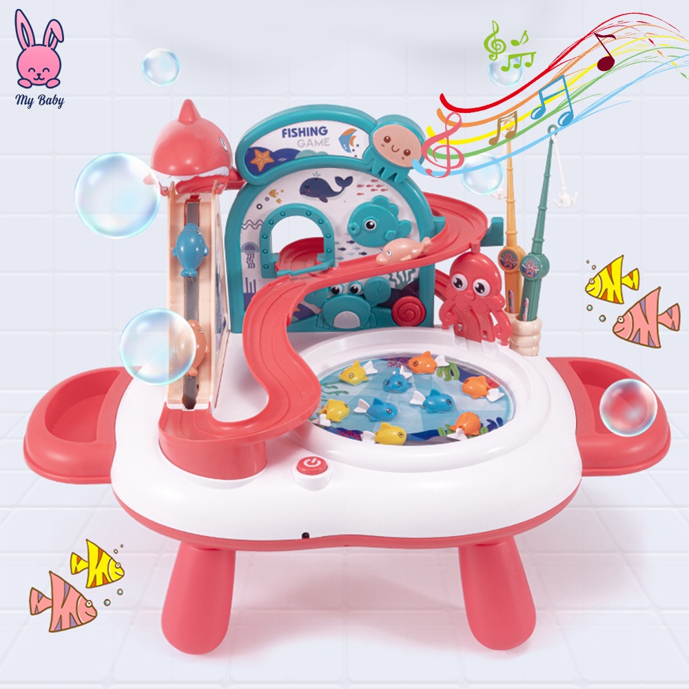 Đồ Chơi Câu Cá Cho Bé Cầu Trượt Mô Hình Thác Nước Có Đèn Có Nhạc Có Nước, Tặng kèm 3 pin AA, Mybaby
