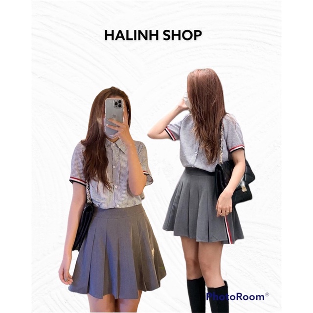 Set Áo Kẻ + Chân Váy Ghi - Halinh Shop - Set Bộ Sơ Mi Hàn Quốc Chân váy Xếp Ly Vạt Lệch Có Lót Quần Đủ Size SM