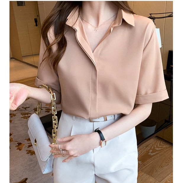 Áo sơ mi nữ công sở tay ngắn kiểu dấu nút đẹp LAVILO - sơ mi nữ ASM02