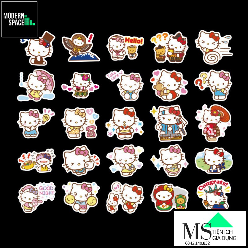 Sticker PVC Hoạt hình Hồng Hello Kitty ST-101 - Cả bộ 100 Hình dán Stickers Chống nước