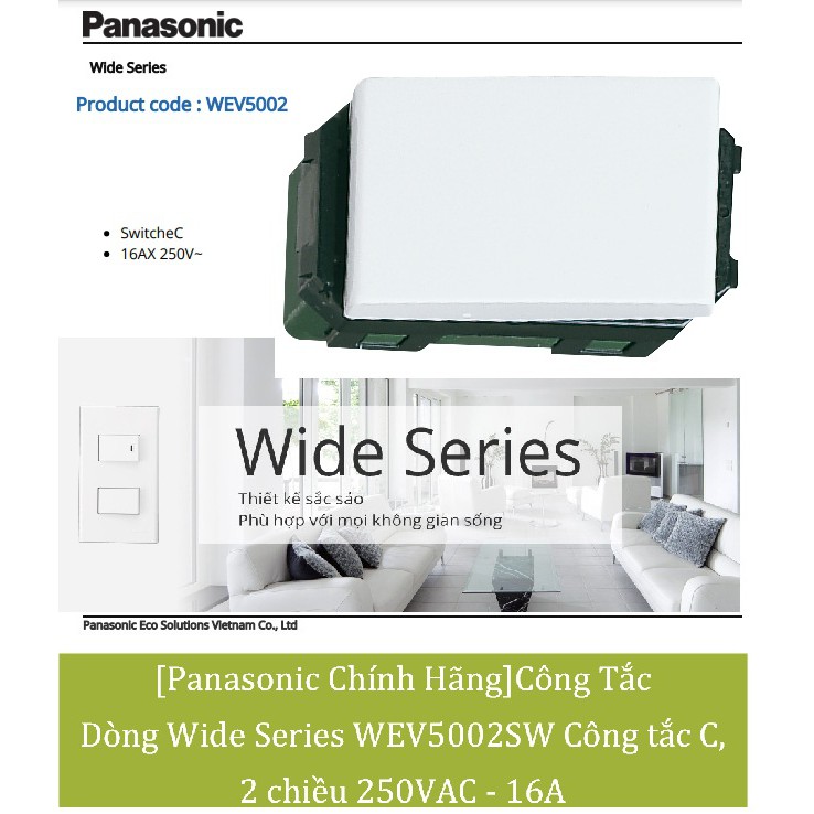 [Panasonic Chính Hãng]Công Tắc Dòng Wide Series WEV5002SW Công tắc C, 2 chiều 250VAC - 16A (cầu thang)