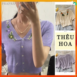 Áo Croptop Dệt Kim Tay Ngắn Phối Nút Cho Phái Nữ,   áo thun thêu hoa
