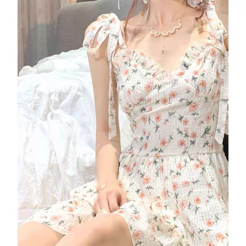 Set Đầm Hoa Nhí Đũi Xốp Buộc Nơ Vai + Áo Khoác Len Ren