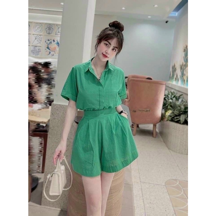 Set bộ đồ nữ áo sơ mi tay ngắn mix quần đùi ống rộng cùng tone đơn giản, cá tính cute dành cho các nàng đi chơi, dạo phố