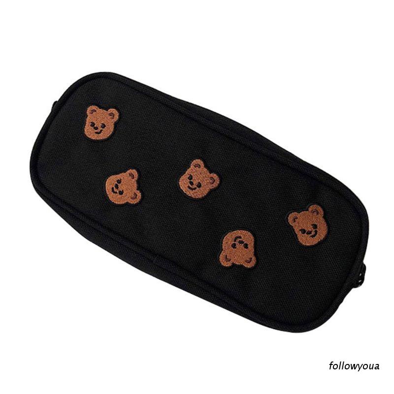 Bear Embroidery Canvas Pencil Bag Pen for Case Kids  Cosmetic Station
