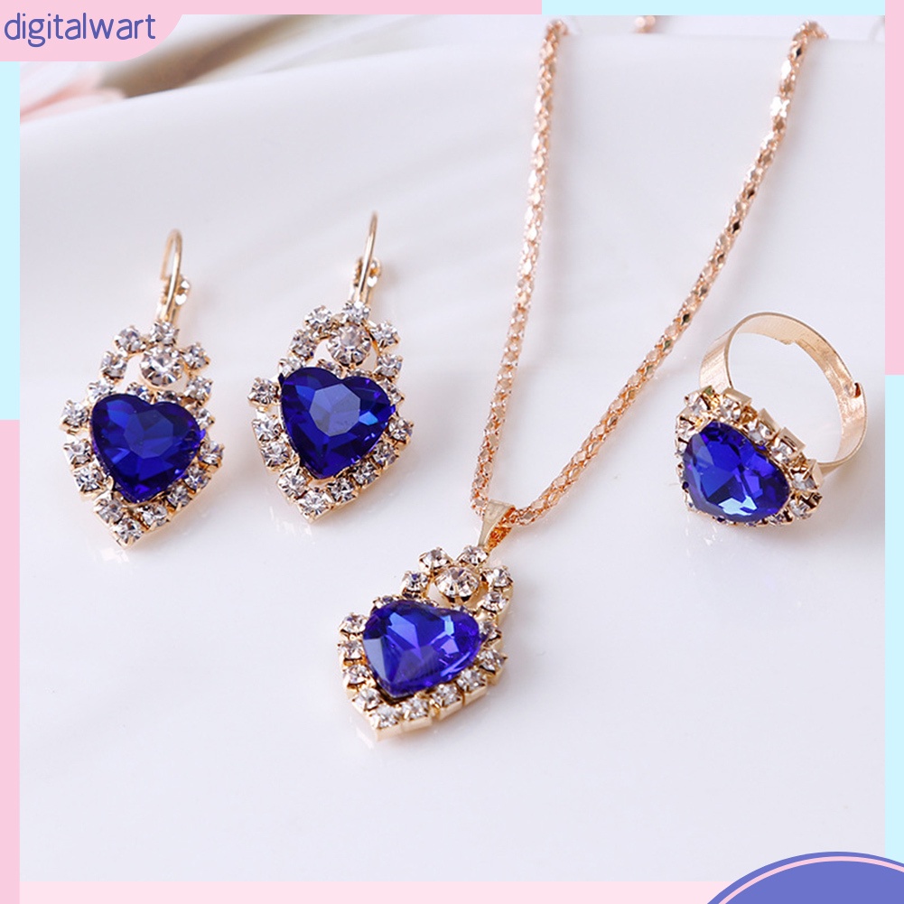 Bộ Vòng cổ + Bông Tai + Nhẫn Hình Trái Tim Đính Đá Lấp Lánh