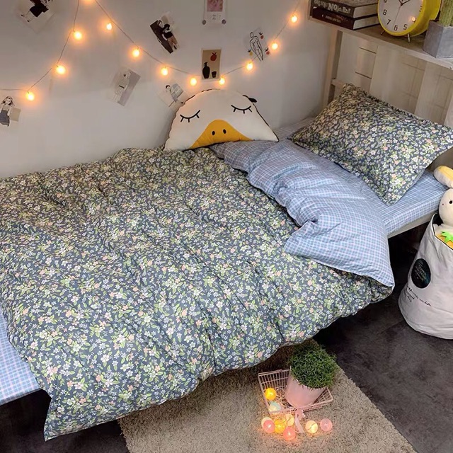 Set Chăn Ga Cotton Poly Hoa Lá Ga Kẻ Ô Vuông Xanh Sọc Tím Bền Mát Shinbedding.shop