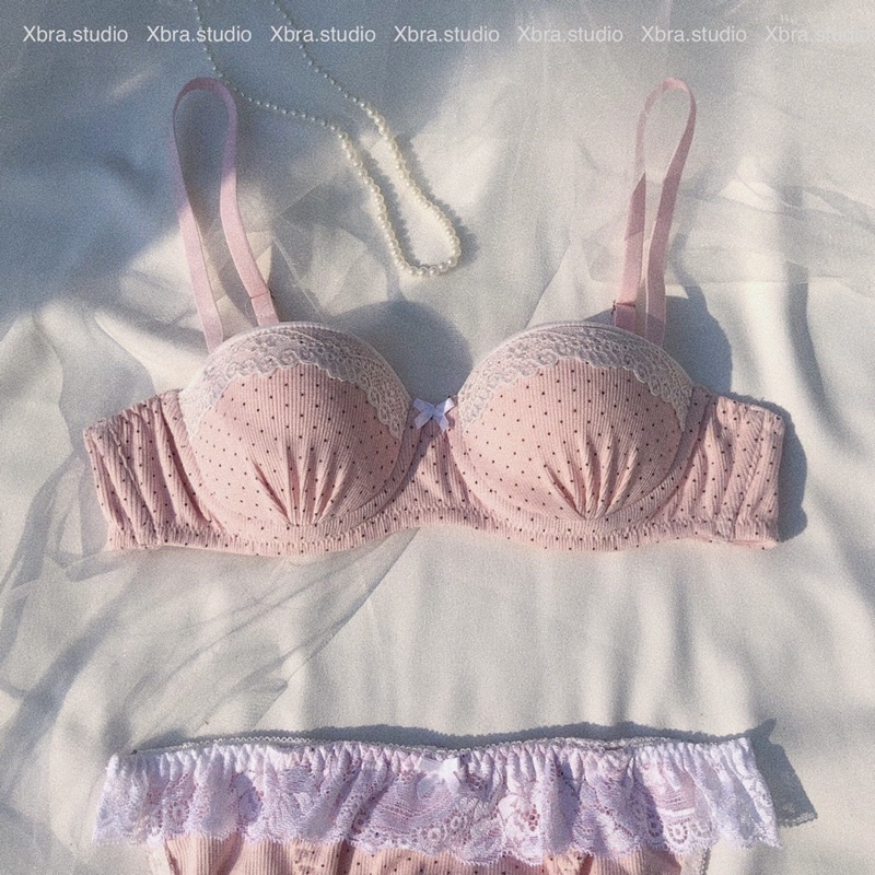 Bộ đồ lót cup ngang cotton phối ren màu hồng chấm bi dễ thương | BigBuy360 - bigbuy360.vn