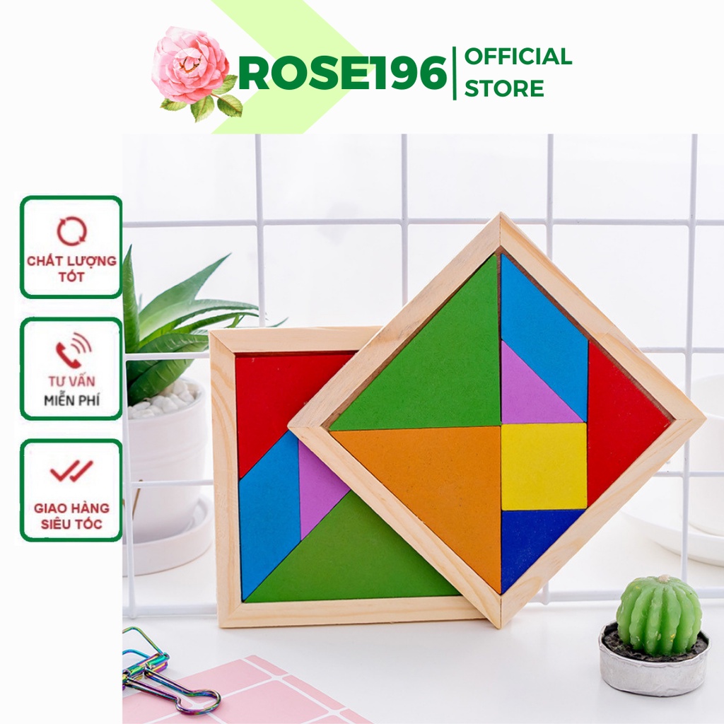 Đồ chơi xếp hình Tangram tranh ghép gỗ 7 miếng trong hộp vuông 11.7 x 11.7 x 1cm, đồ chơi giáo dục sớm ROSE196