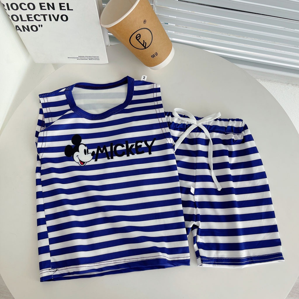 Bộ Sát Cho Bé Gái, Bộ Ba Lỗ Kẻ In Hình Micky Cho Bé Trai Bé Gái Chất Cotton Thun Lạnh từ 7-28 kg - LILA KIDS