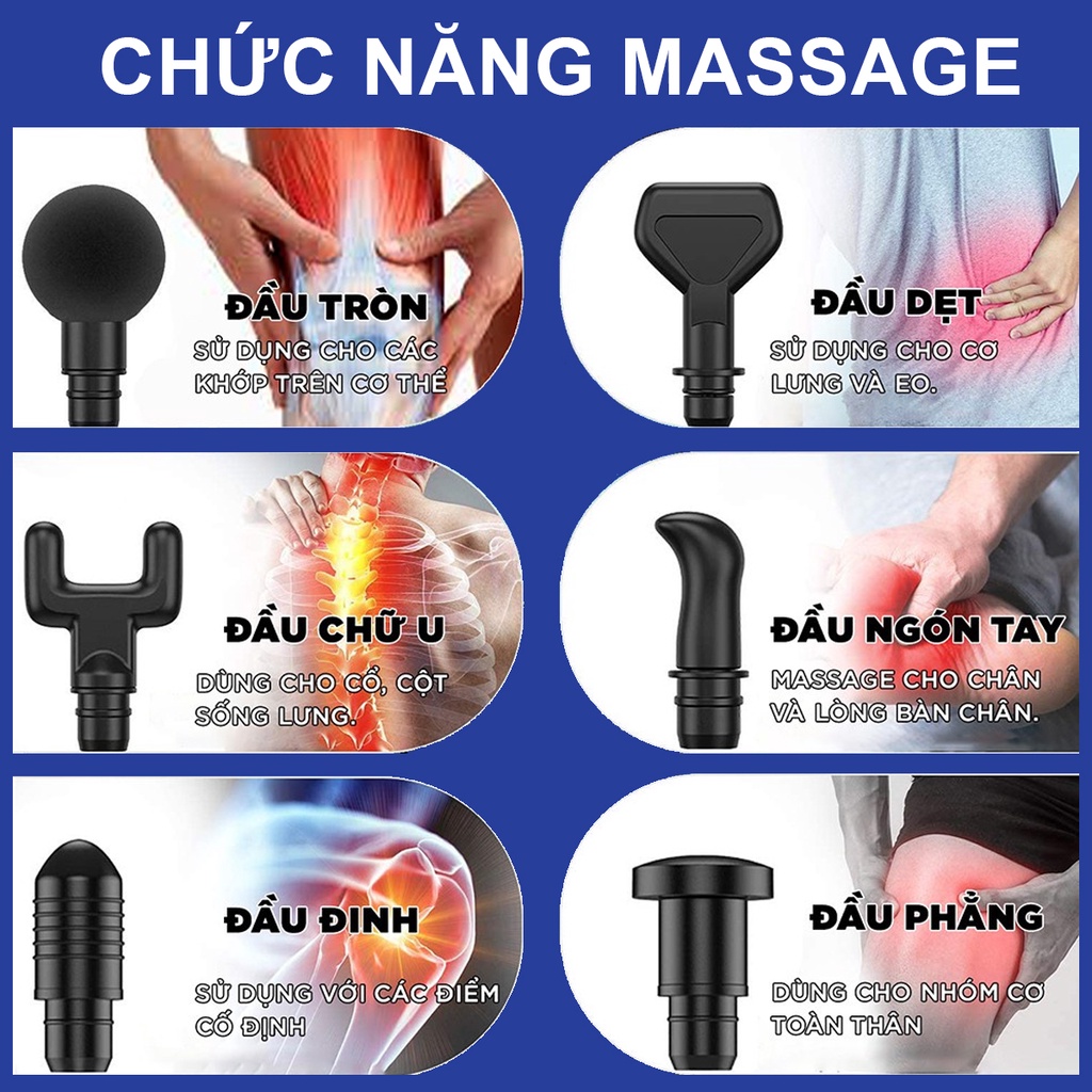 Máy massage cầm tay 6 đầu 30 cấp độ trị đau nhức toàn thân hiệu quả, súng massage kèm 6 đầu mát xa chuyên sâu