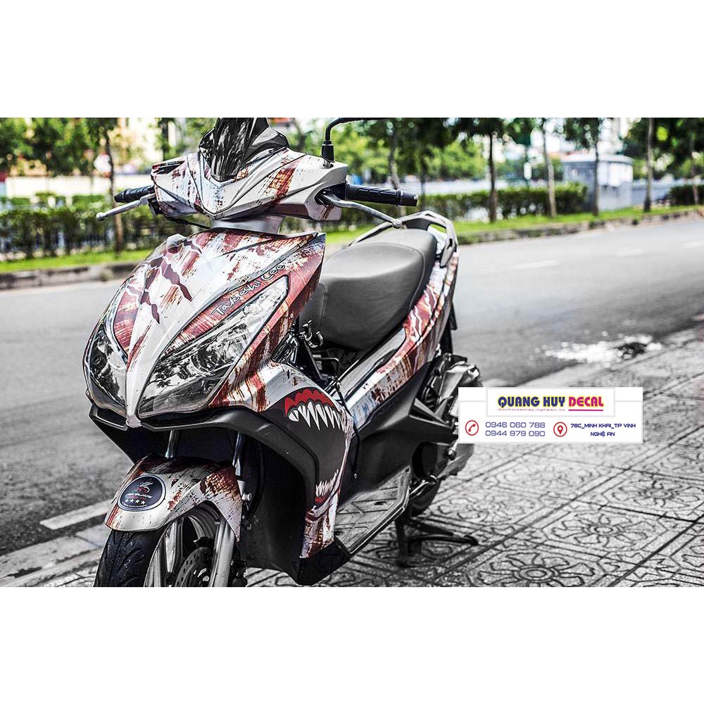 Tem xe air blade cá mập đỏ xám rỉ sét , tem trùm xe air blade, tem xe ab, tem dán xe máy ab cá mập đỏ xá