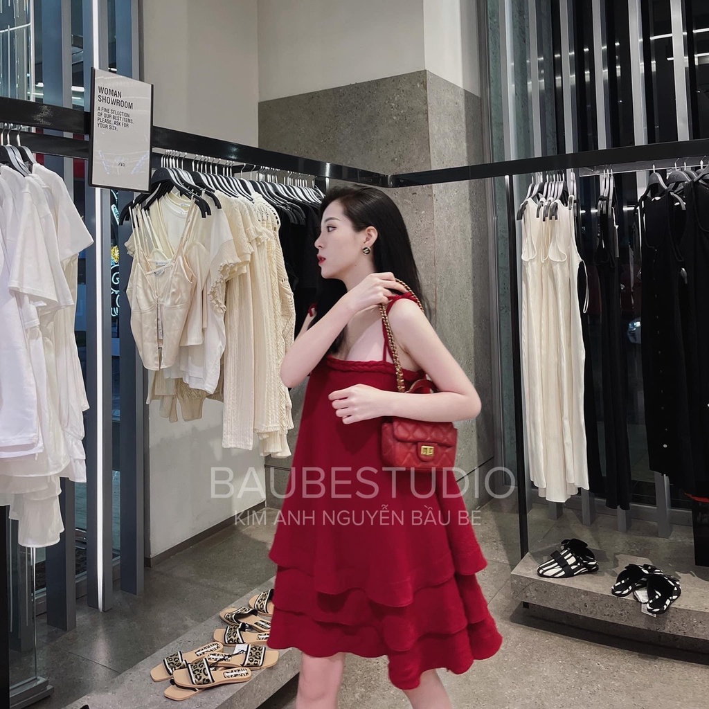 Váy đỏ 2 dây thiết kế đầm suông tầng kết dây DN542