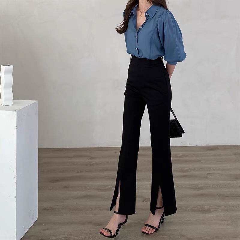 Quần ống loe xẻ trước chất mềm đẹp lên dáng cực xinh
