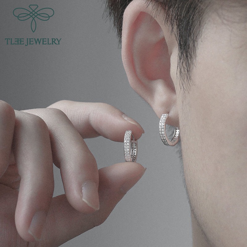 Khuyên tai bạc unisex TLEE nạm đá tròn bản to đính đá sang trọng TleeJewelry B0138