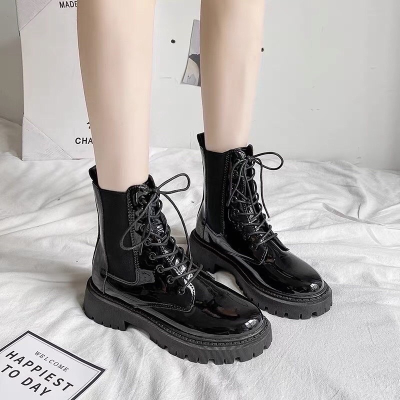Giày boots nữ cao cổ loại sịn cổ chun kèm dây buộc chiel 2 màu siêu hot | BigBuy360 - bigbuy360.vn