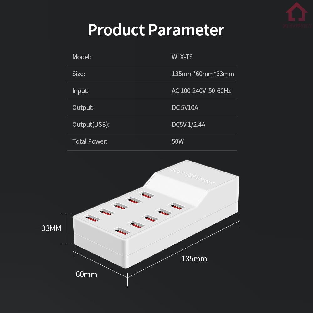 Củ Sạc Nhanh Mi Wlx-t8 10 Cổng Usb 50w Cho Điện Thoại / Máy Tính Bảng Phích Cắm Eu