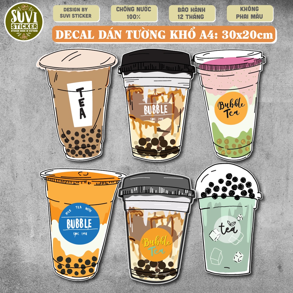 Combo Decal Trà Sữa khổ lớn trang trí tường, dán kính, trang trí quán cà phê khổ A4 chống nước. KL19