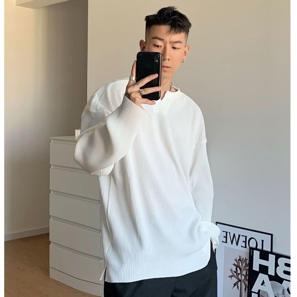 Áo Thun Nam Tay Dài Cổ Chữ v Dáng Rộng Xếp Ly Thời Trang Mùa Hè