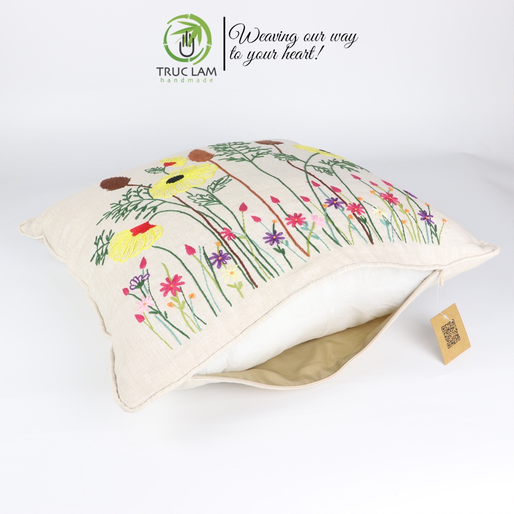 Gối/Vỏ Gối Vuông Tựa Lưng Sofa (45x45) Trang Trí Phòng Vải Linen Thêu Thủ Công Cánh Đồng Hoa Vàng – Trúc Lâm Handmade