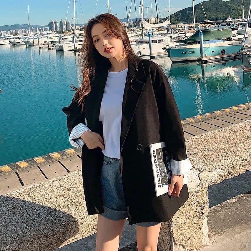 Áo blazer phong cách Ulzzang Hàn Quốc loại 1 màu be và đen dành cho nữ chất đẹp dáng vest dài tay phom rộng cá tính | BigBuy360 - bigbuy360.vn
