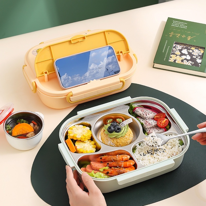 【4/5 Grid】Hộp cơm giữ nhiệt văn phòng Inox 316 tặng kèm bộ thìa đũa inox, 4/5 ngăn chống tràn, chịu nhiệt lò vi sóng hộp cơm trưa đi học Lunch Box