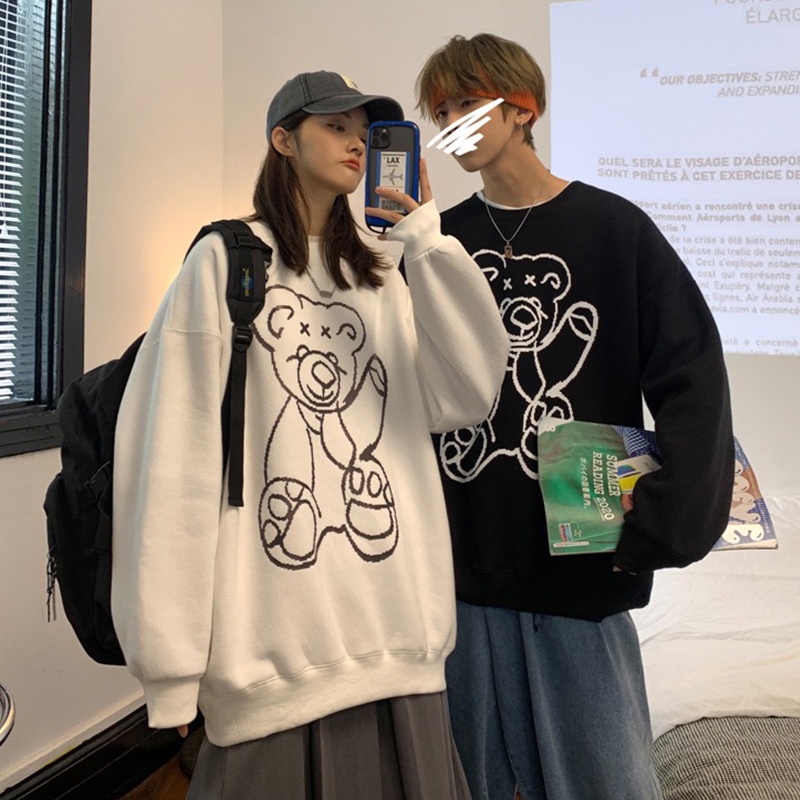 Áo cổ tròn in hình gấu dáng rộng size lớn thời trang mùa thu dành cho cặp đôi