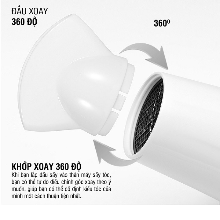 Máy Sấy Tóc Lock&amp;Lock ENA136WHT - Hàng Chính Hãng Bảo Hàng 12 Tháng, Có Đầu Xoay 360 Độ Với 3 Mức Chỉnh Nhiệt - JoyMall