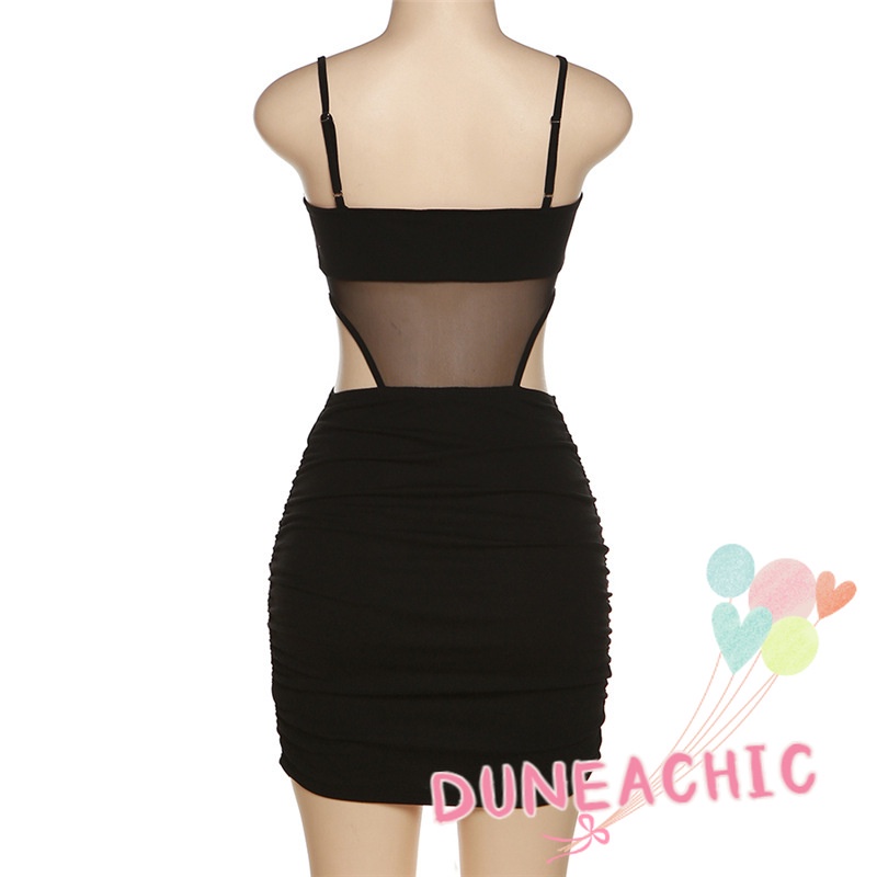 DUNEA Đầm Hai Dây Hở Lưng Phối Lưới Thời Trang Cho Nữ