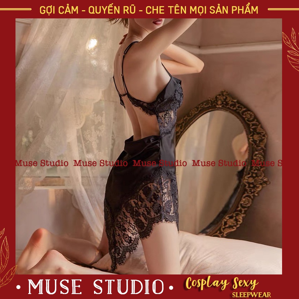 Váy ngủ sexy, đầm ngủ hai dây gợi cảm vải satin phối ren ngực và hông