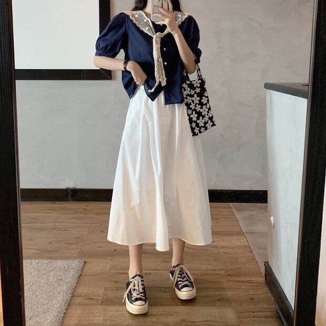 Set Áo Pha Ren Tay Bồng Kèm Chân Váy Xoè Siêu Xinh