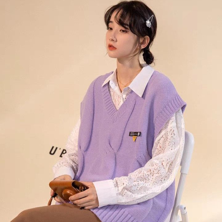 Áo sweater dệt kim không tay dáng rộng thời trang Hàn Quốc cho nữ