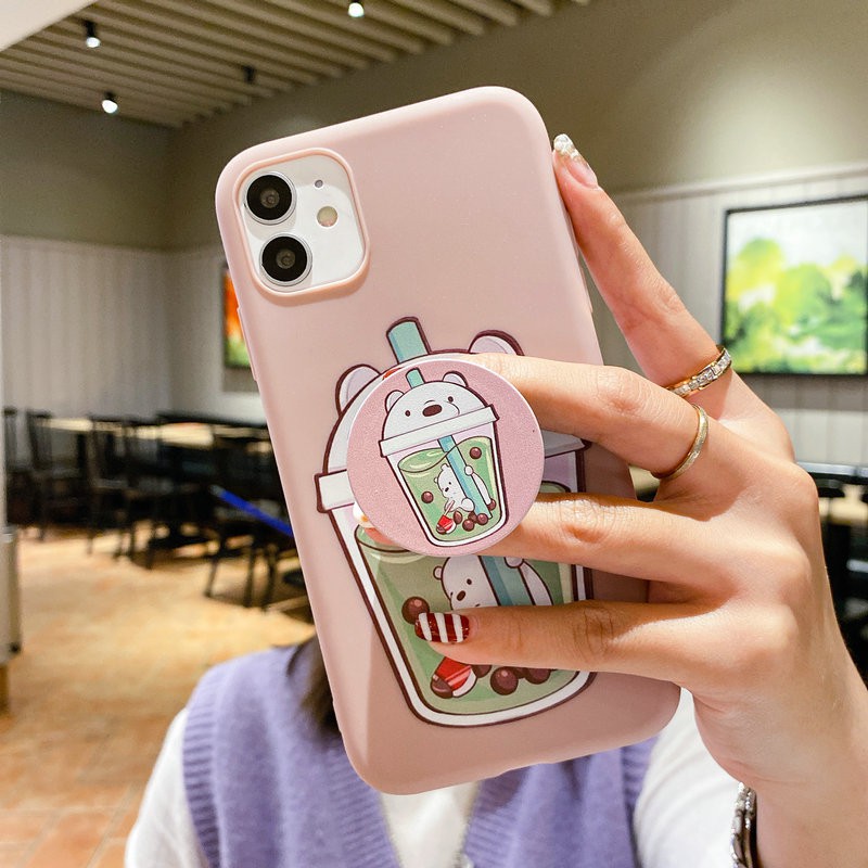 Ốp lưng Redmi Note 9 9s 8 7 6A 5 4 4x Pro Plus OPPO A83 A71 Realme C11 C15 C12 Matte Milk Tea Cup Cute Bear Soft Case Cover with Stand /HSNZ