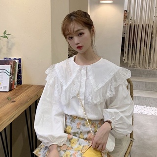 Áo sơ mi babydoll tay dài phối ren màu trắng thời trang 2022