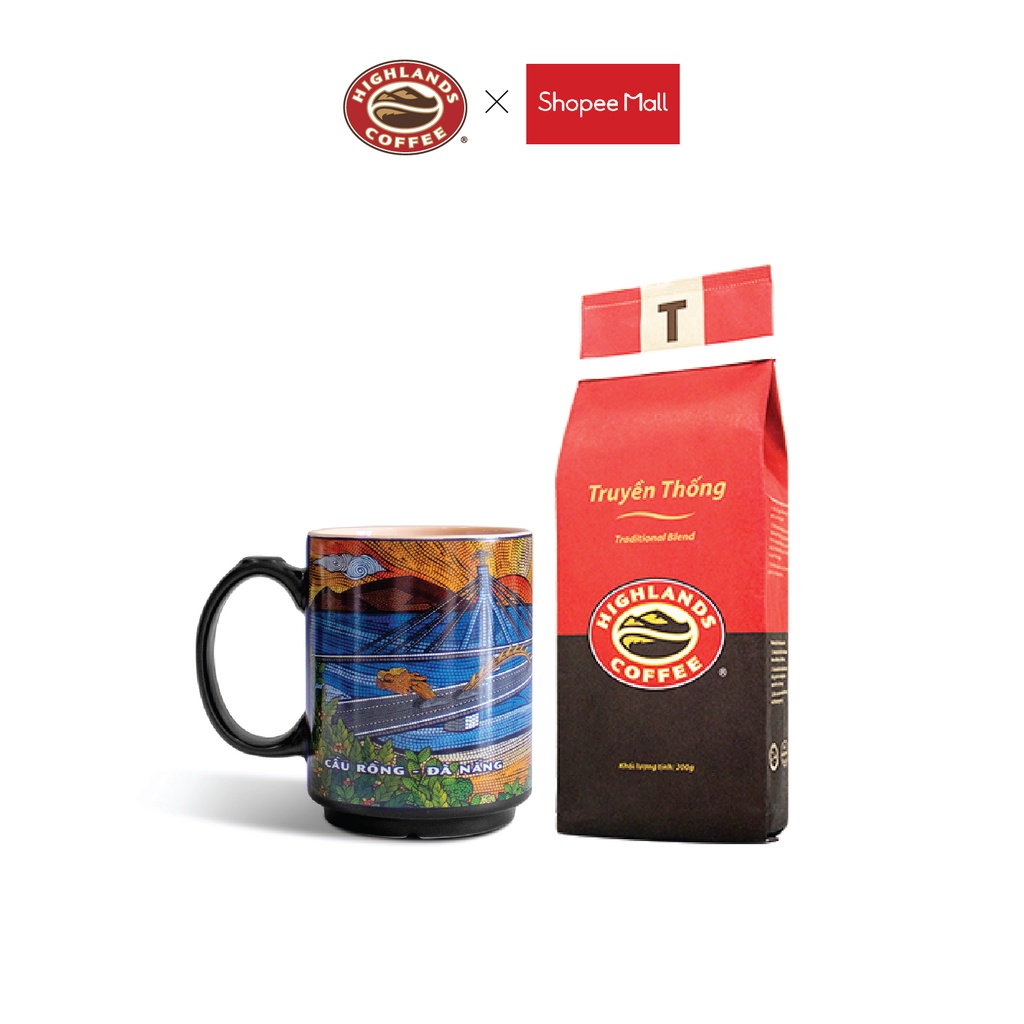 COMBO Đà nẵng- Ly sứ cầu rồng và Cà phê rang xay Truyền Thống Highlands Coffee 200g