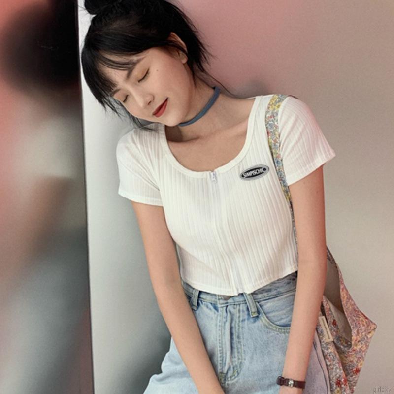 Áo Dệt Kim Ngắn Tay Cổ Vuông Phối Khóa Kéo Sành Điệu Kiểu Hàn Quốc