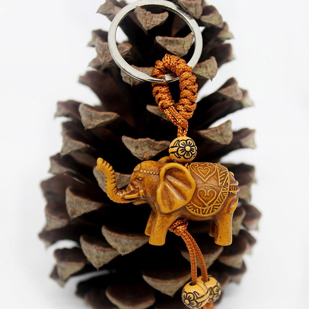 Lucky Elephant Carving Wooden Pendant Keychain Key Chain Ring Evil Defends