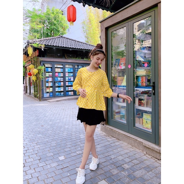 Áo bà bầu mùa hè tay lỡ chất tơ đũi chấm bi thiết kế cao cấp trẻ trung công sở