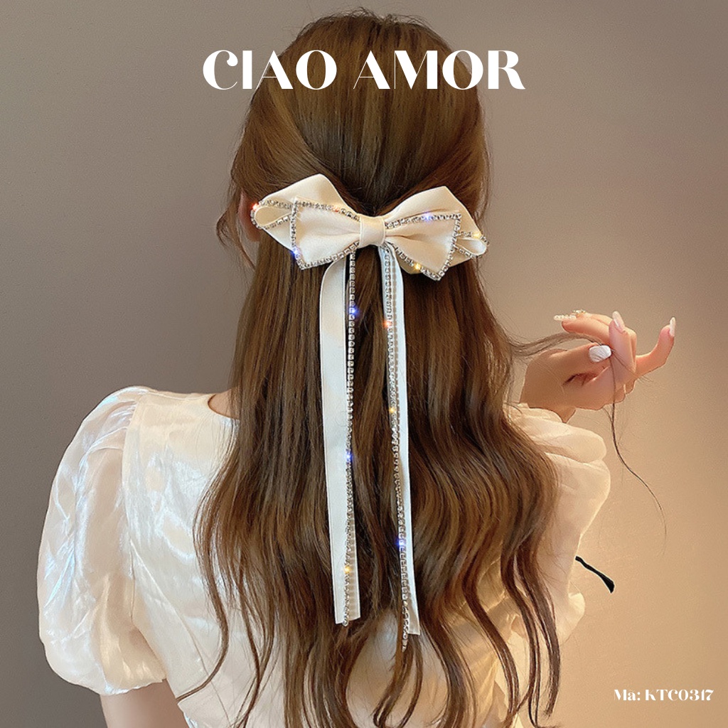 Kẹp tóc nữ, Kẹp nơ lụa nơ đính đá dây dài tiểu thư công chúa Phụ kiện tóc Trang sức Ciao Amor - KTC0317