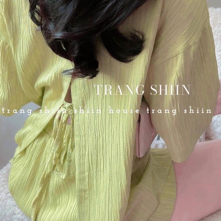 Set bộ sơ mi cộc xẻ lưng sau chất đũi kẻ xước mát bầu mặc được vanmiushop