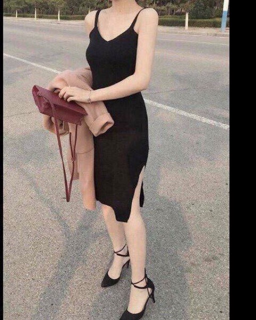 Váy thun 2 dây body, 2 màu đen và xám