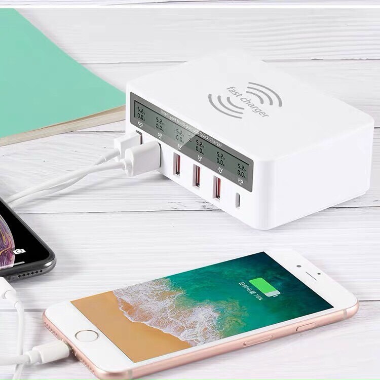 Bộ sạc 6 cổng kiêm sạc không dây.