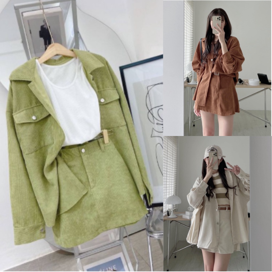 Set Áo Khoác Sơ Mi Nhung Tăm Dài Tay Mix Chân Váy Chữ A Trẻ Trung Trơn Màu